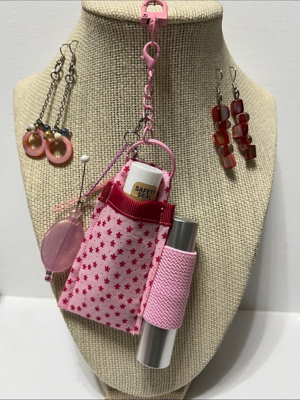 Pink Star Pattern Double Lipstick Balm Holder Keychain Purse Charm 2 pr Earrings